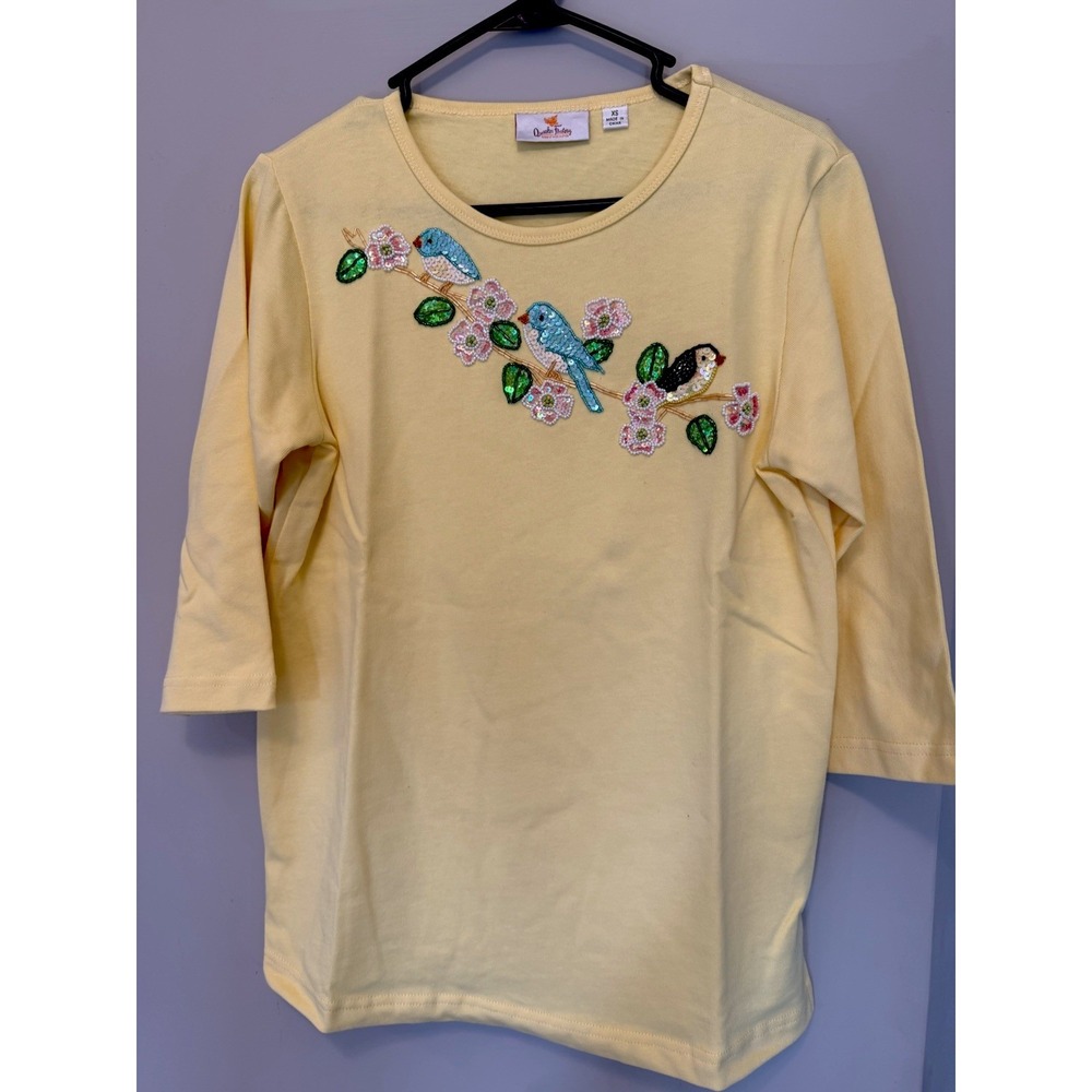 Quacker Factory QVC 3/4 Sleeve Top Beaded And Sequin Birds Yellow XS